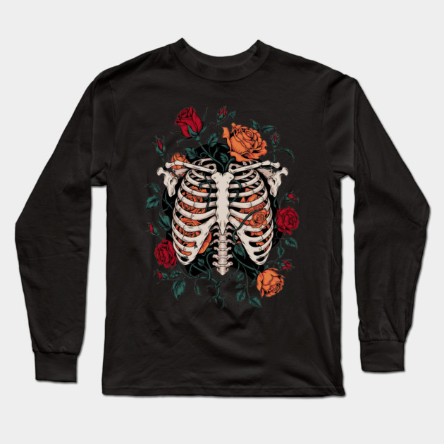 Dark Gothic Ribcage with Roses and Botanical Bones Long Sleeve T-Shirt by BirdsnStuff