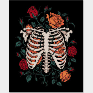 Dark Gothic Ribcage with Roses and Botanical Bones Posters and Art