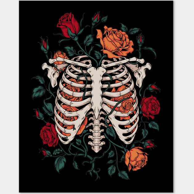 Dark Gothic Ribcage with Roses and Botanical Bones Wall Art by BirdsnStuff