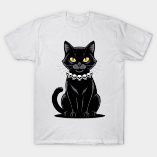 Sleek Black Cat with Skull Necklace T-Shirt
