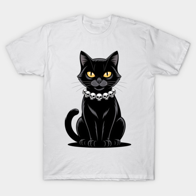 Sleek Black Cat with Skull Necklace T-Shirt by BirdsnStuff