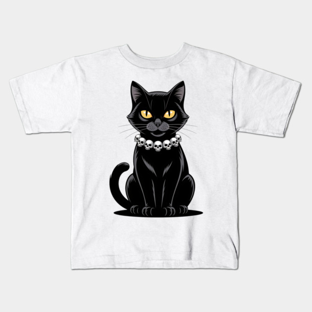 Sleek Black Cat with Skull Necklace Kids T-Shirt by BirdsnStuff