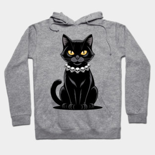 Sleek Black Cat with Skull Necklace Hoodie
