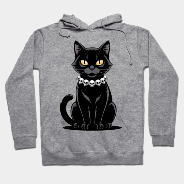 Sleek Black Cat with Skull Necklace Hoodie by BirdsnStuff