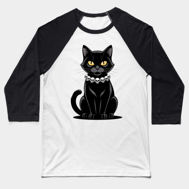 Sleek Black Cat with Skull Necklace Baseball T-Shirt by BirdsnStuff