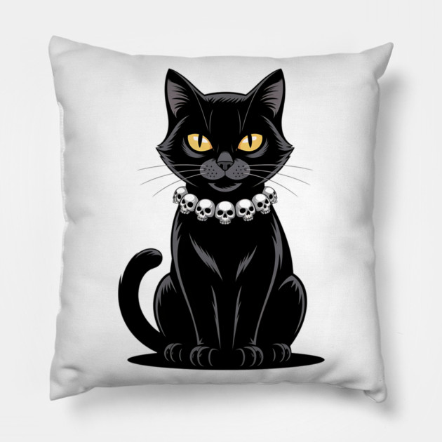 Sleek Black Cat with Skull Necklace Pillow by BirdsnStuff