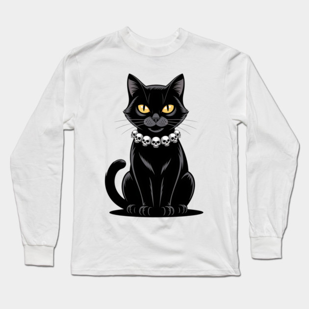 Sleek Black Cat with Skull Necklace Long Sleeve T-Shirt by BirdsnStuff