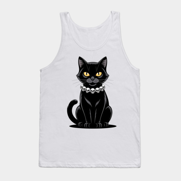 Sleek Black Cat with Skull Necklace Tank Top by BirdsnStuff