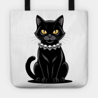 Sleek Black Cat with Skull Necklace Tote