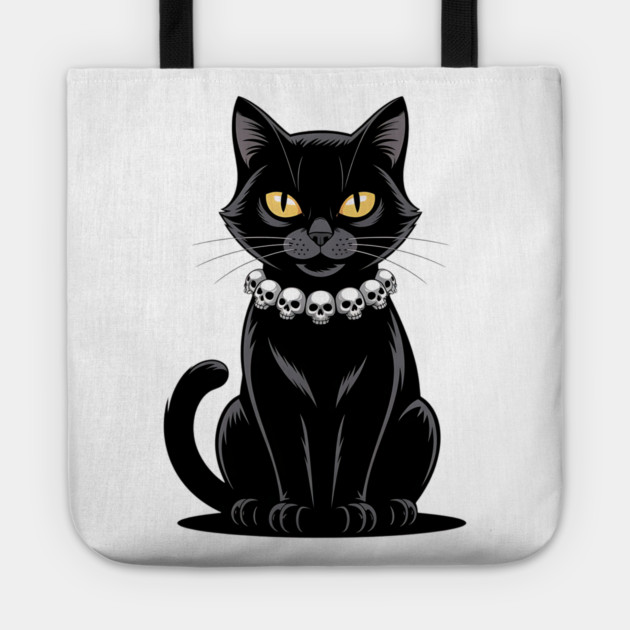 Sleek Black Cat with Skull Necklace Tote by BirdsnStuff