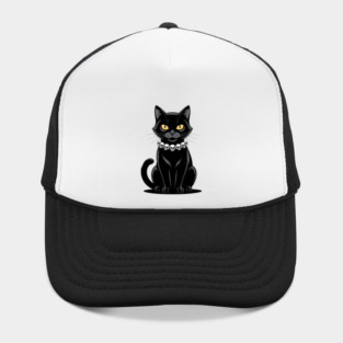 Sleek Black Cat with Skull Necklace Hat