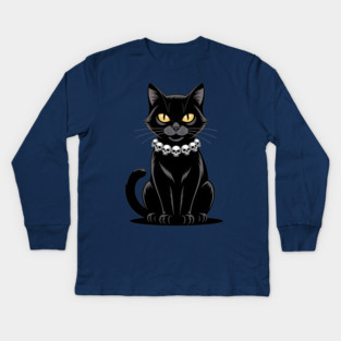 Sleek Black Cat with Skull Necklace Kids Long Sleeve T-Shirt