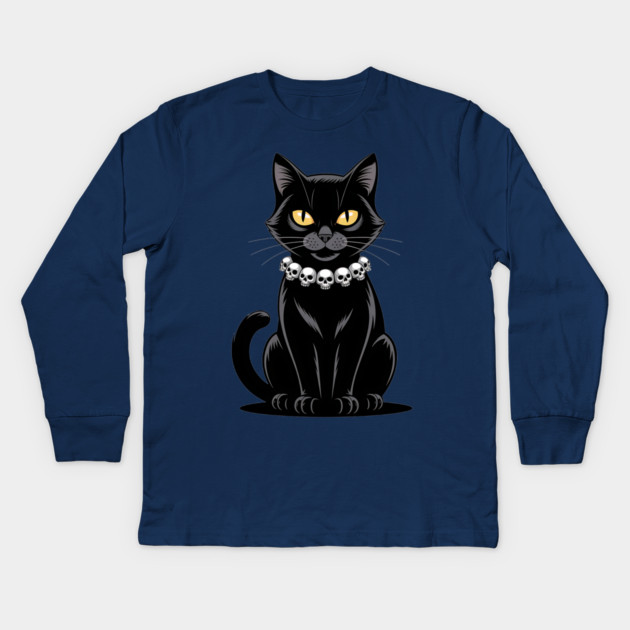 Sleek Black Cat with Skull Necklace Kids Long Sleeve T-Shirt by BirdsnStuff