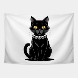 Sleek Black Cat with Skull Necklace Tapestry
