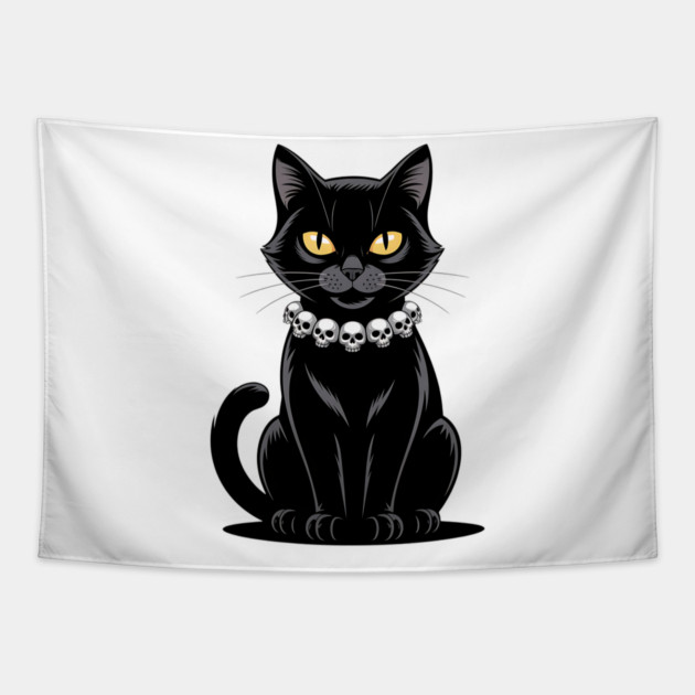 Sleek Black Cat with Skull Necklace Tapestry by BirdsnStuff