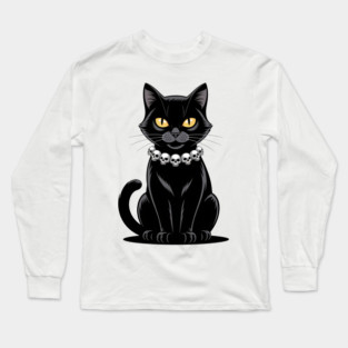 Sleek Black Cat with Skull Necklace Long Sleeve T-Shirt