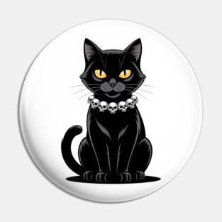 Sleek Black Cat with Skull Necklace Pin