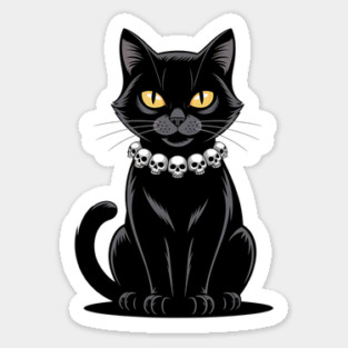 Sleek Black Cat with Skull Necklace Sticker