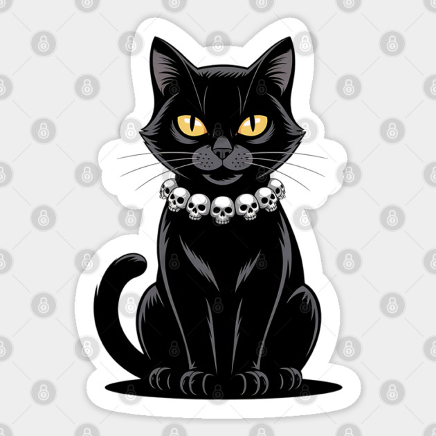 Sleek Black Cat with Skull Necklace Sticker by BirdsnStuff