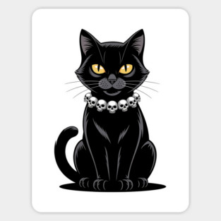 Sleek Black Cat with Skull Necklace Magnet