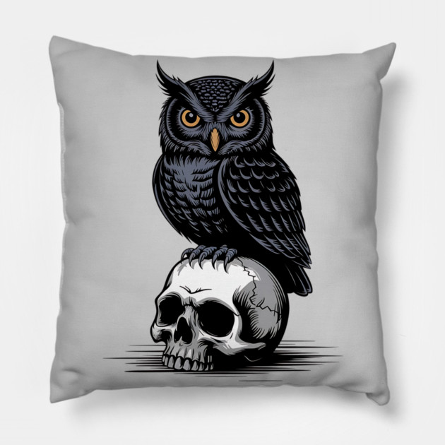 Gothic Owl Perched on Skull Pillow by BirdsnStuff