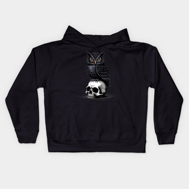 Gothic Owl Perched on Skull Kids Hoodie by BirdsnStuff