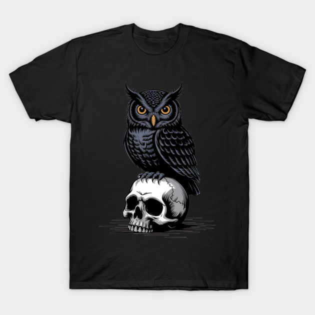 Gothic Owl Perched on Skull T-Shirt by BirdsnStuff