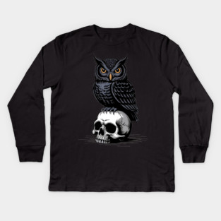 Gothic Owl Perched on Skull Kids Long Sleeve T-Shirt