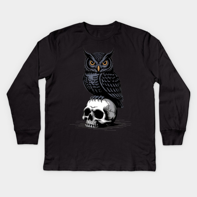 Gothic Owl Perched on Skull Kids Long Sleeve T-Shirt by BirdsnStuff