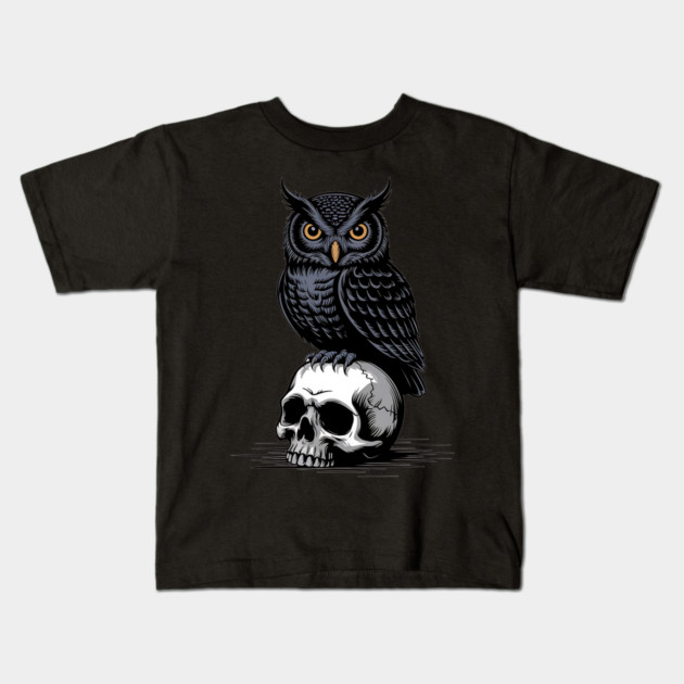 Gothic Owl Perched on Skull Kids T-Shirt by BirdsnStuff