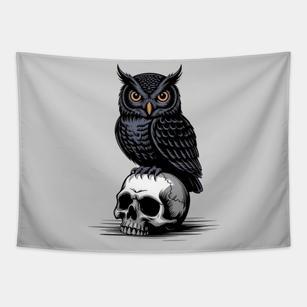 Gothic Owl Perched on Skull Tapestry by BirdsnStuff