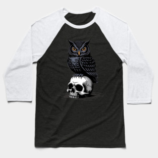 Gothic Owl Perched on Skull Baseball T-Shirt