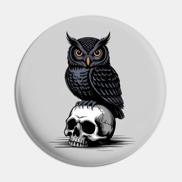 Gothic Owl Perched on Skull Pin by BirdsnStuff