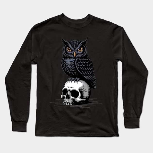 Gothic Owl Perched on Skull Long Sleeve T-Shirt by BirdsnStuff