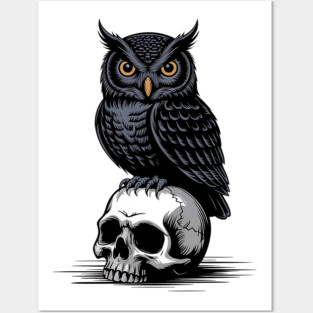 Gothic Owl Perched on Skull Posters and Art