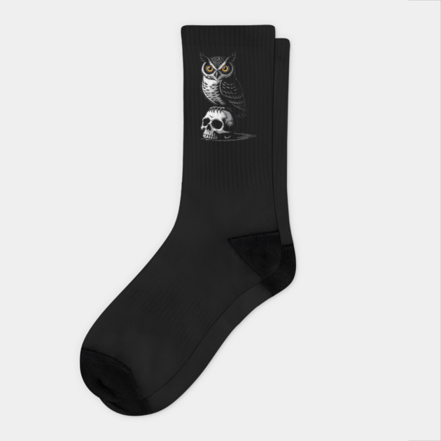 Eerie Owl with Skull in Black and White Gothic Style Socks by BirdsnStuff