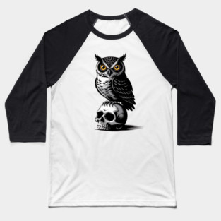 Eerie Owl with Skull in Black and White Gothic Style Baseball T-Shirt