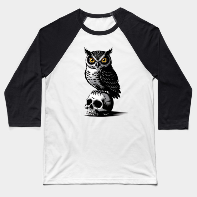 Eerie Owl with Skull in Black and White Gothic Style Baseball T-Shirt by BirdsnStuff