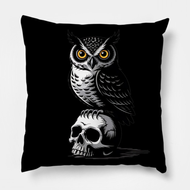 Eerie Owl with Skull in Black and White Gothic Style Pillow by BirdsnStuff