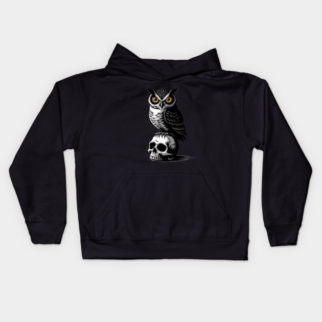 Eerie Owl with Skull in Black and White Gothic Style Kids Hoodie by BirdsnStuff
