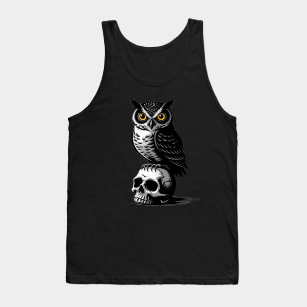 Eerie Owl with Skull in Black and White Gothic Style Tank Top by BirdsnStuff