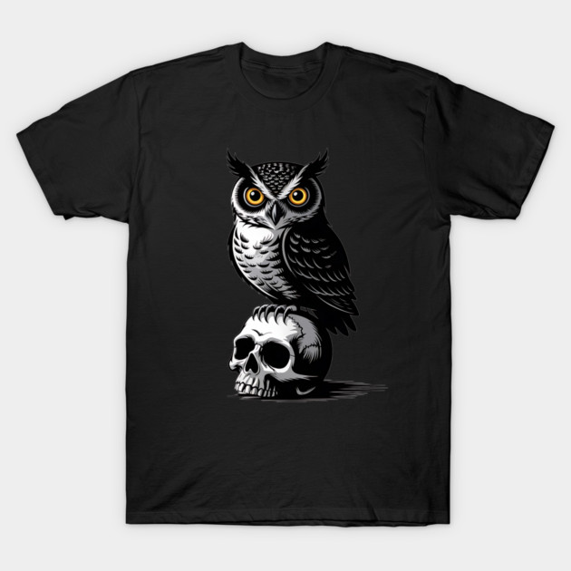 Eerie Owl with Skull in Black and White Gothic Style T-Shirt by BirdsnStuff