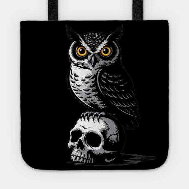 Eerie Owl with Skull in Black and White Gothic Style Tote by BirdsnStuff