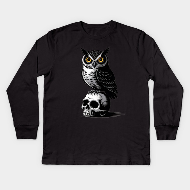 Eerie Owl with Skull in Black and White Gothic Style Kids Long Sleeve T-Shirt by BirdsnStuff