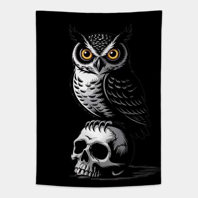 Eerie Owl with Skull in Black and White Gothic Style Tapestry by BirdsnStuff