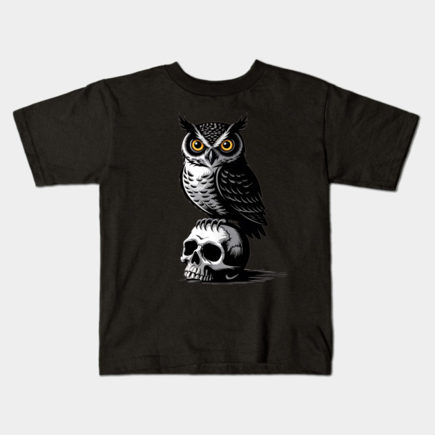 Eerie Owl with Skull in Black and White Gothic Style Kids T-Shirt by BirdsnStuff