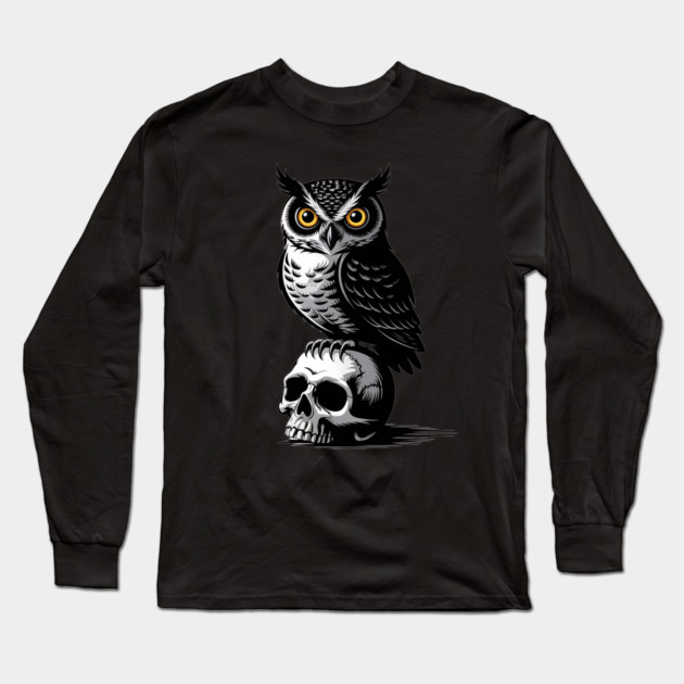 Eerie Owl with Skull in Black and White Gothic Style Long Sleeve T-Shirt by BirdsnStuff