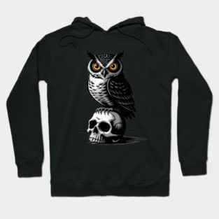 Eerie Owl with Skull in Black and White Gothic Style Hoodie