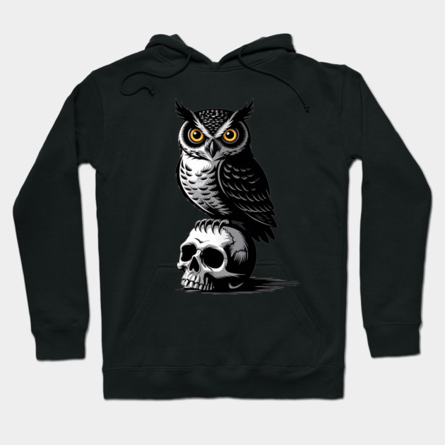Eerie Owl with Skull in Black and White Gothic Style Hoodie by BirdsnStuff