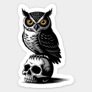Eerie Owl with Skull in Black and White Gothic Style Sticker